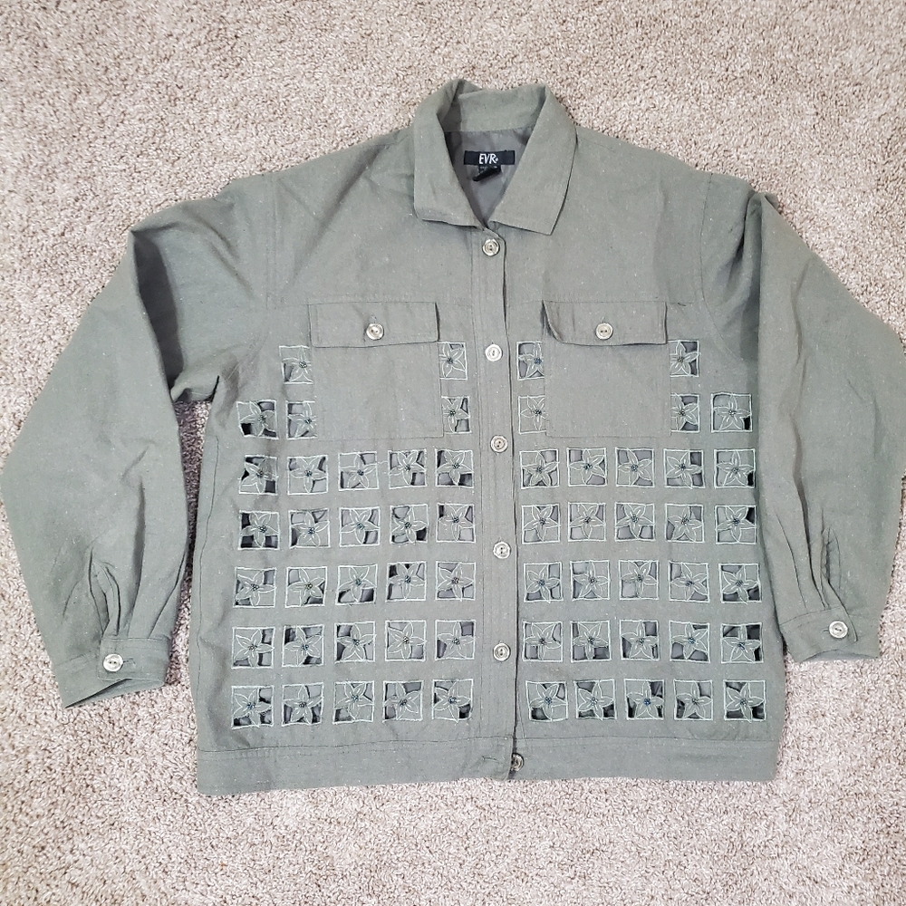 EVR Vintage Open Cut Button Up Olive Green Womens Jacket Medium Mom 90s